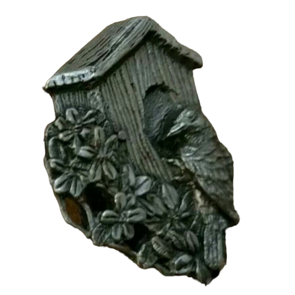 Vintage Jewelry - Vintage Birds &Bloom Birdhouse Pewter Pin Holiday Gift Collectible Easter Spring